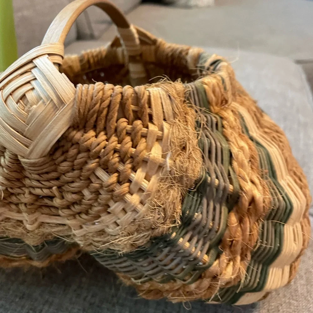 Handwoven Tri color Egg/Butt God’s Eye Gathering Basket bamboo rope Raffeta 10”